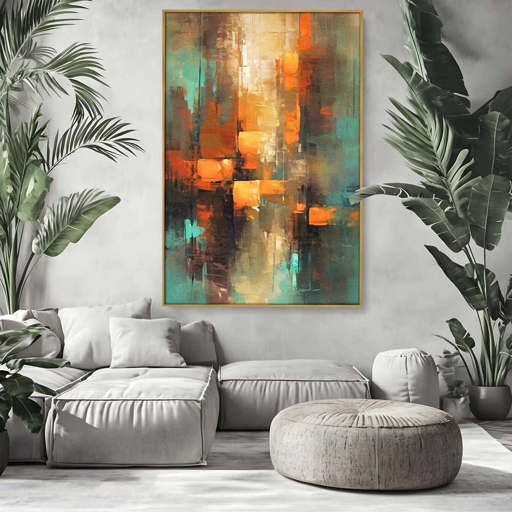 Tablou canvas cu pictura abstracta cu linii verticale, in rama de aluminiu auriu, pe perete intr-un living
